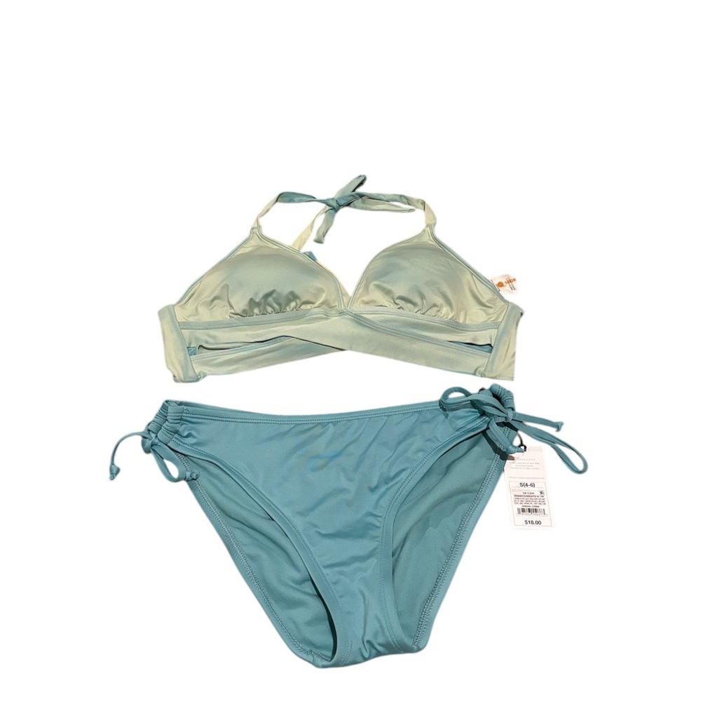 Shade & shore triangle wrap halter top and low rise medium seat coverage bottoms